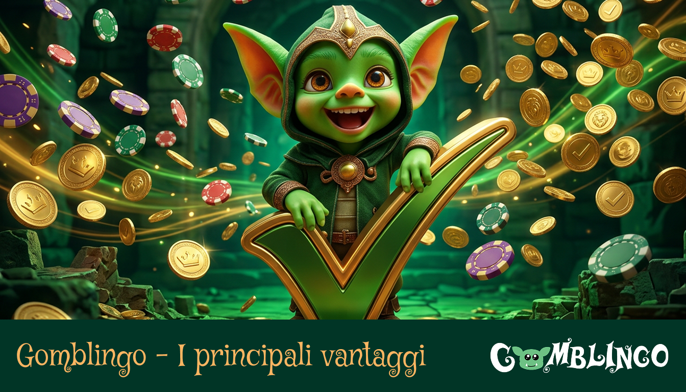 Vantaggi principali di Gomblingo: La simpatica mascotte del folletto verde in armatura, circondata da monete d'oro volanti.