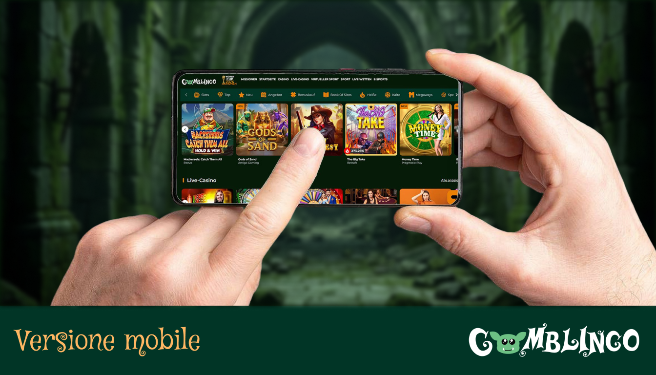 Gomblingo Mobile Version: Uno smartphone in formato orizzontale in mano, sul cui schermo è visibile la mascotte sorridente del casinò mobile, il goblin.