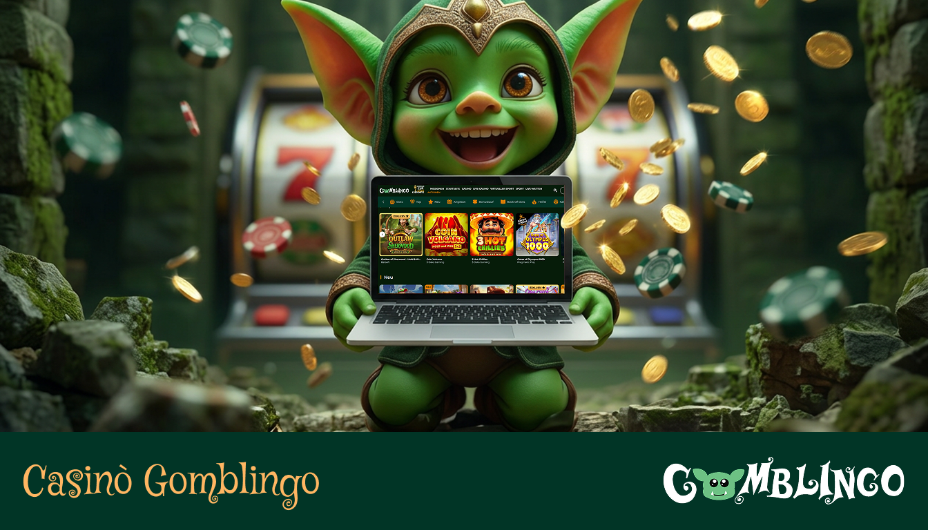 Panoramica del Casinò Gomblingo: La mascotte del folletto verde con un elmo decorato sullo sfondo suggestivo di un casinò.