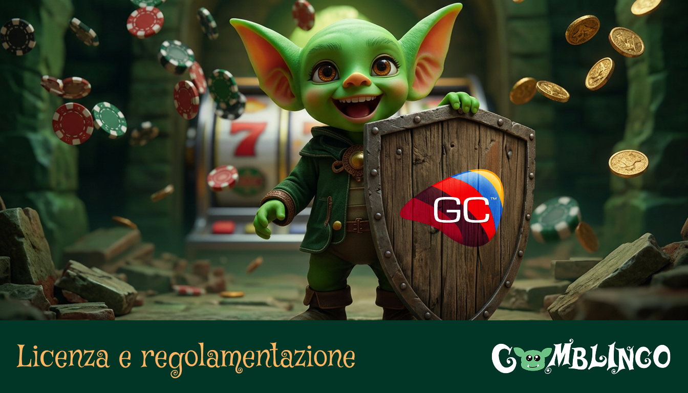Gomblingo Licenze e Regolamentazione: Il folletto del casinò sorridente con elmo e monete d'oro, simbolo di un'esperienza di gioco sicura.