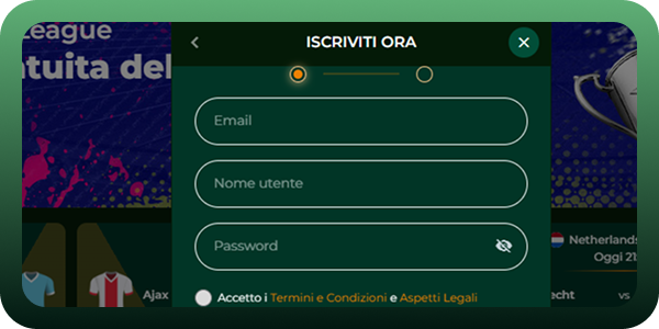 "Registrazione a Gomblingo: il primo modulo compilato, comprensivo di conferma dei termini e condizioni, dell'informativa sulla privacy e delle impostazioni di marketing."